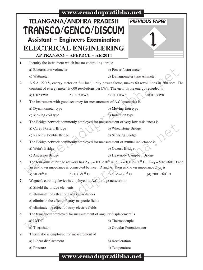 AP Transco Ae Electricalengineering Questionpaper 2014 | PDF ...