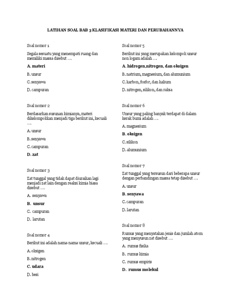 Latihan Soal IPA Klasifikasi Materi Dan Perubahannya