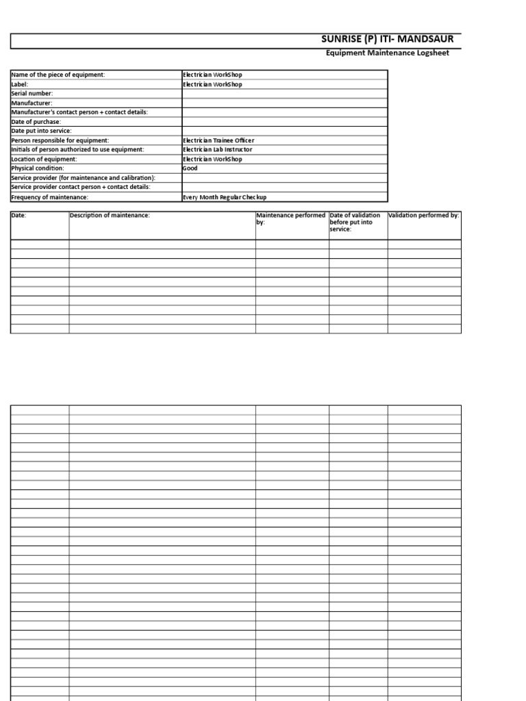 Equipment Maintenance Logsheet Template | PDF