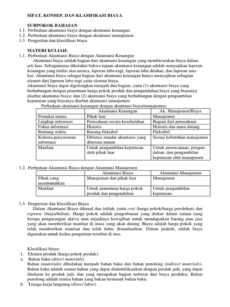 Akuntansi Biaya Vs Keuangan Klasifikasi Biaya