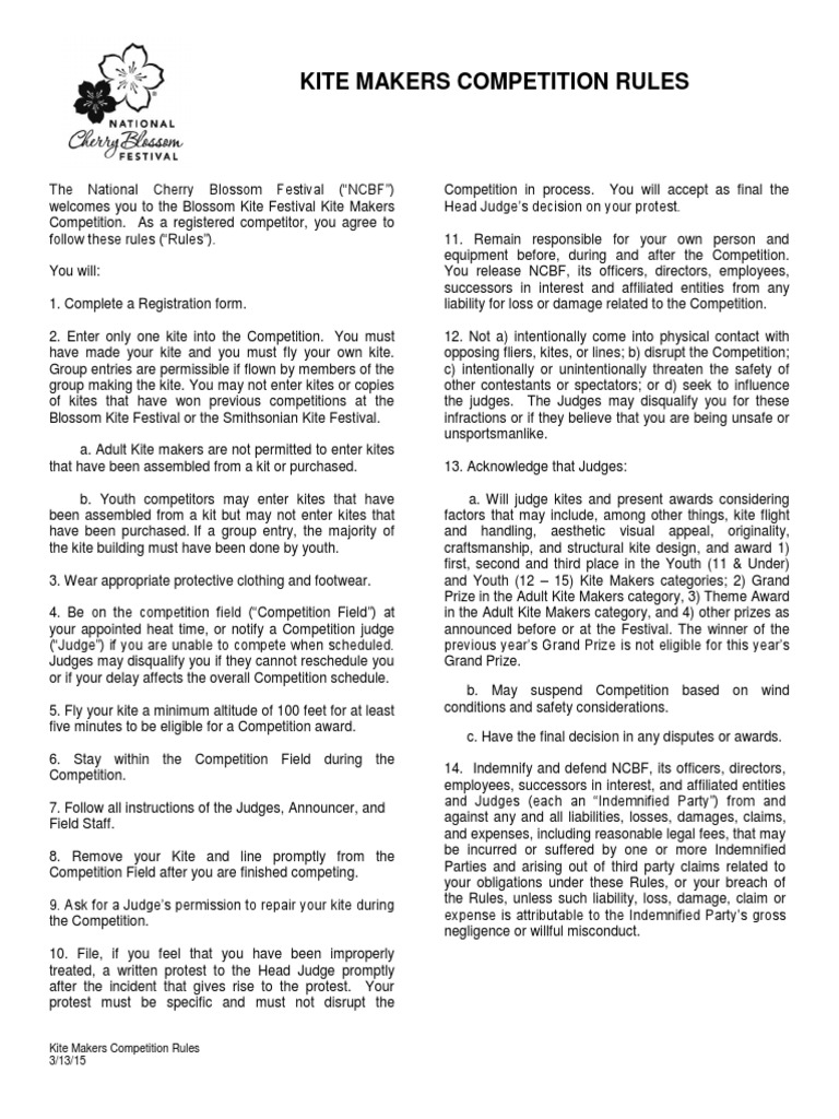 Kite Makers Competition Rules 31315 PDF Kite Indemnity