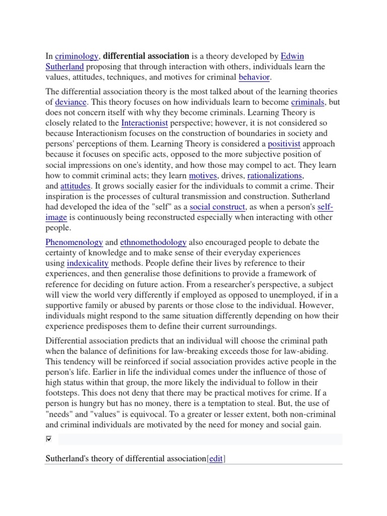 Criminology Edwin Sutherland Behavior Sutherland's Theory of