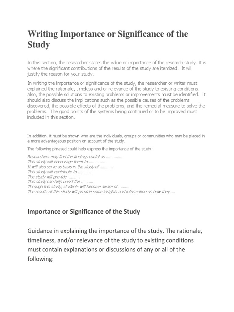 Writing Importance or Significance of The Study  PDF  Relevance