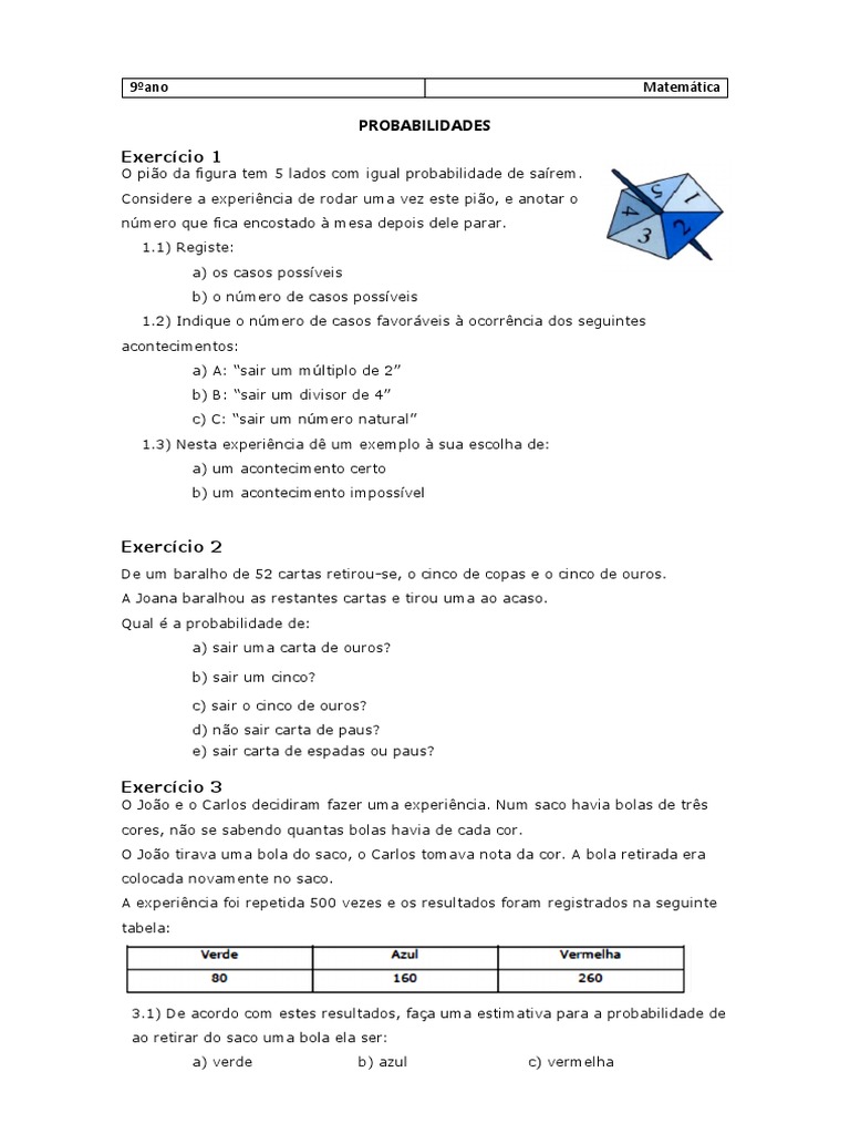 Exercícios de Probabilidades para 9º Ano | PDF | Probabilidade | Cor