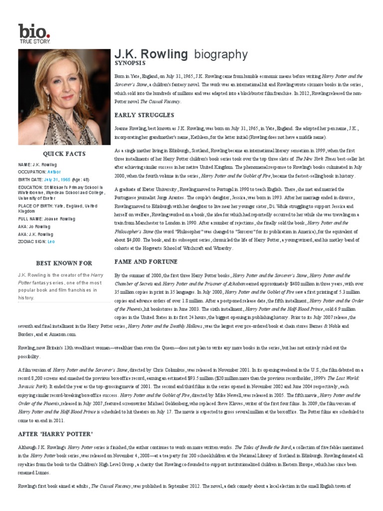 J.K. Rowling Biography PDF J. K. Rowling Harry Potter