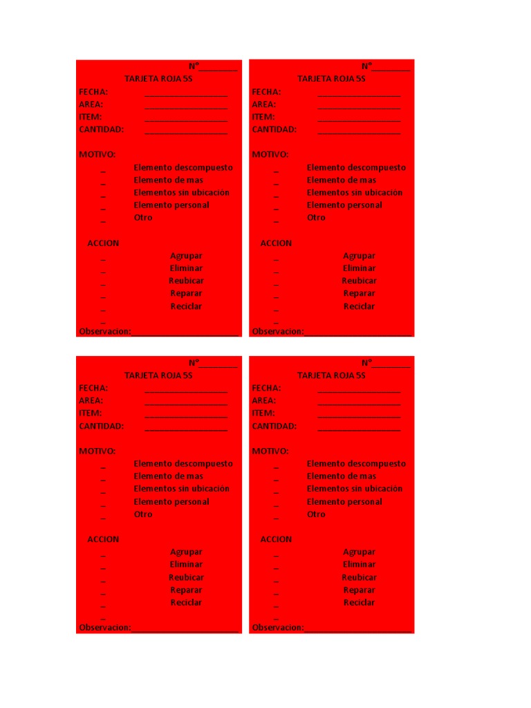 Formato Tarjeta Roja 5S para Imprimir | PDF