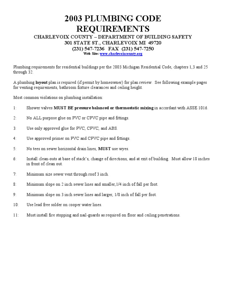 2003 Plumbing Code Requirements Plumbing Water