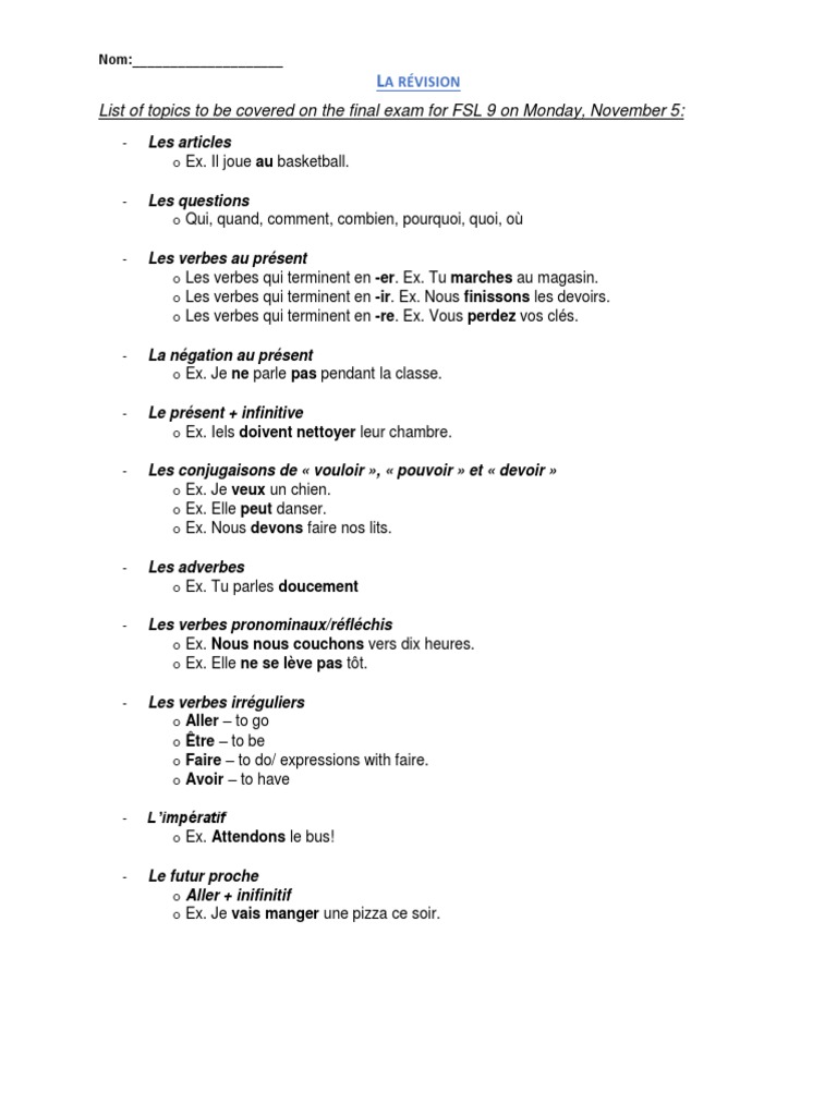 List Of Topics To Be Covered On The Final Exam For Fsl 9 On Monday
