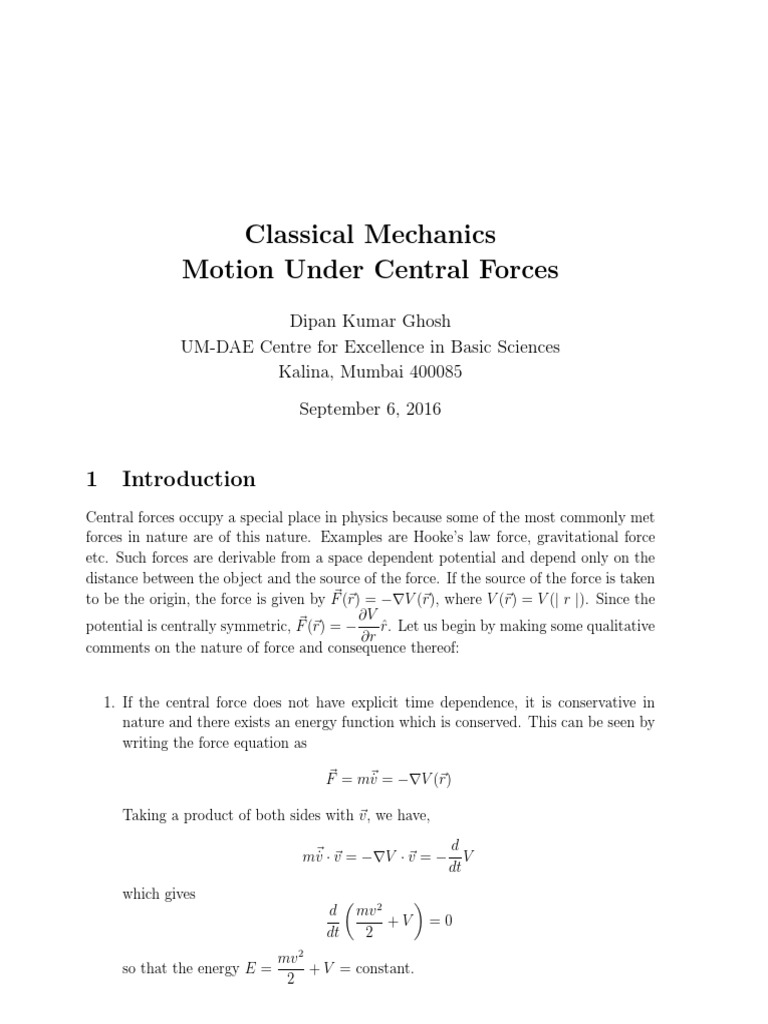 Classical Mechanics Motion Under Central Forces | PDF | Lagrangian ...