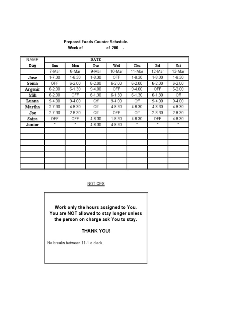 Weekly Kitchen Staff Schedule | PDF