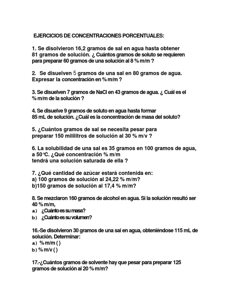 Ejercicios de Concentraciones Porcentuales | Concentración | Moléculas
