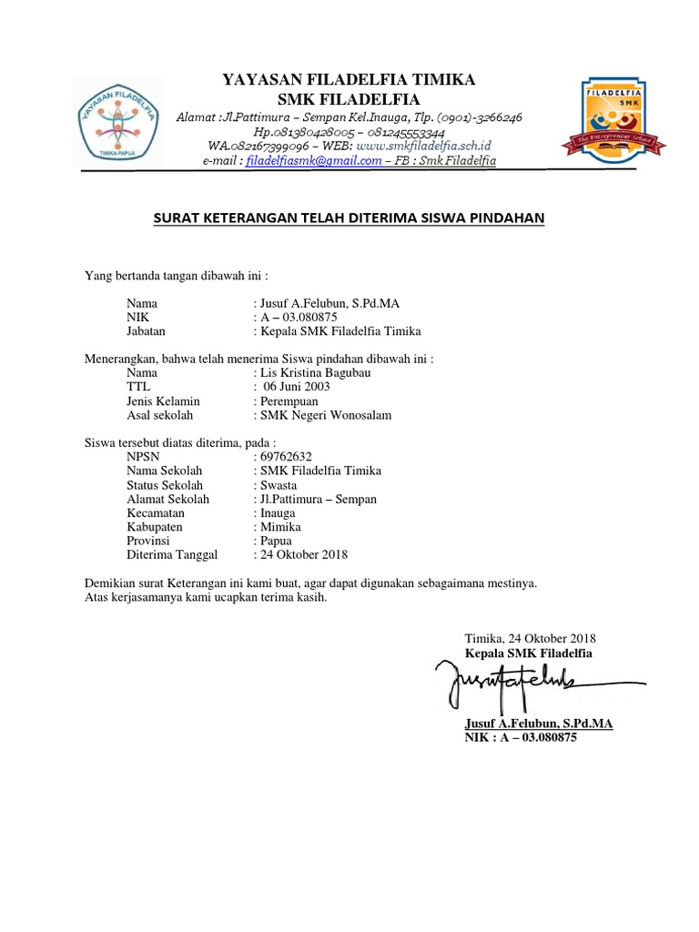 Surat Keterangan Diterima Di Sekolah 