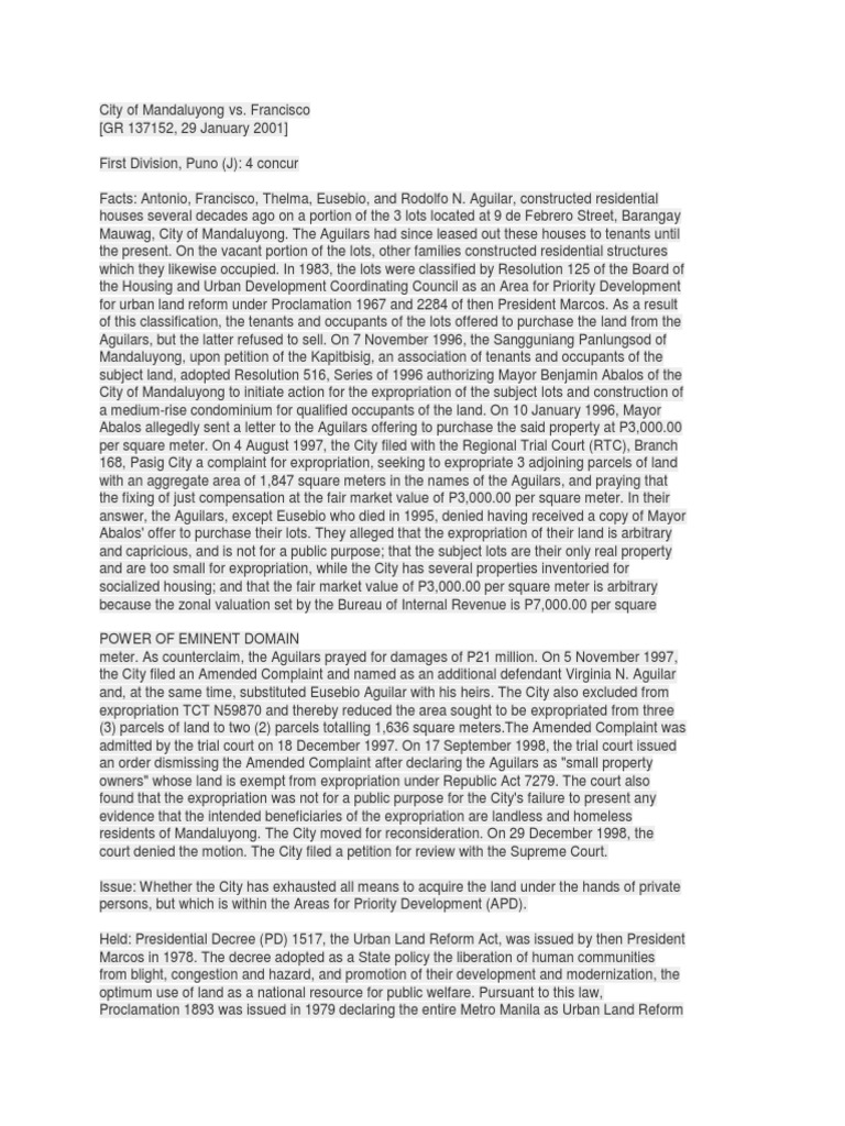 Mandaluyong Expropriation Case Summary | PDF | Eminent Domain ...