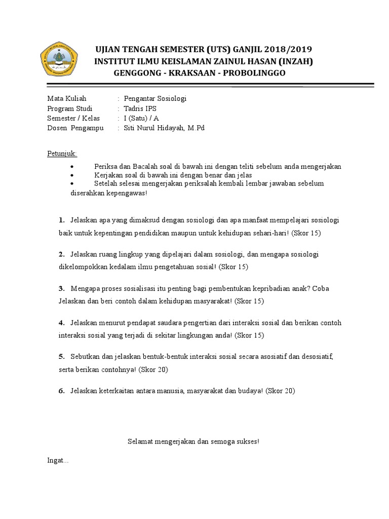 Soal Uts Pengantar Sosiologi