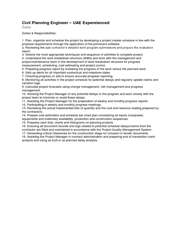 Civil Planning Engineer UAE Expereienced Dubai PDF