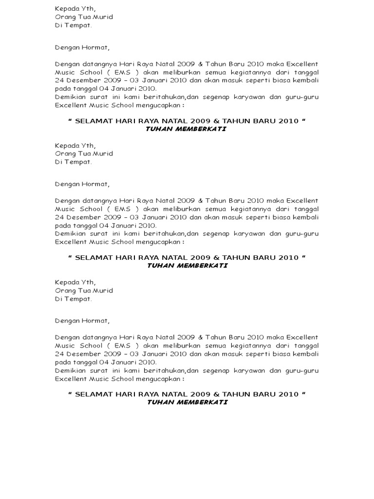 Contoh Surat Pemberitahuan Libur Natal Dan Tahun Baru