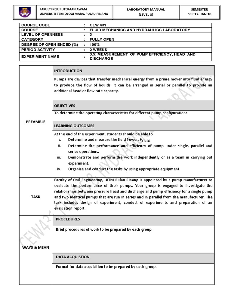 Pump Efficiency Lab Manual CEW 431 | PDF | Pump | Experiment