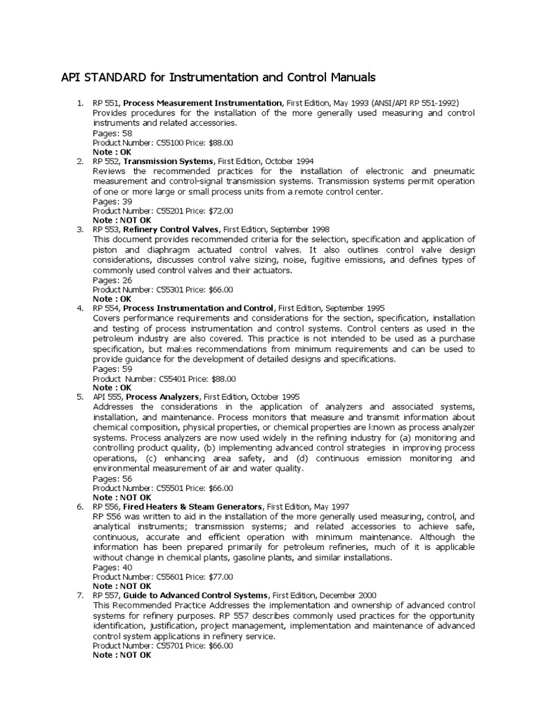 API Standards for Control Manuals | PDF | Oil Refinery | Instrumentation