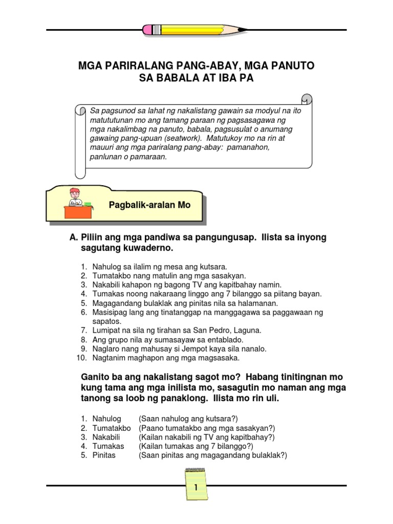 mga pariralang pang abay mga panuto sa babala at iba pa pdf
