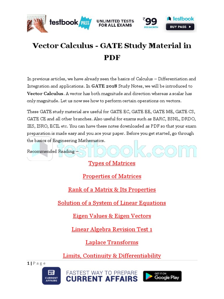 Vector Calculus GATE Study Guide | PDF | Divergence | Vector Space