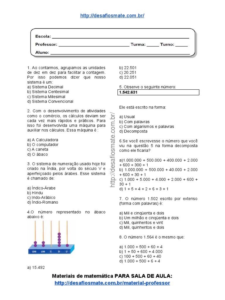 Simulado - Atividade 06 de Matemática para 6º Ano | PDF | Números ...