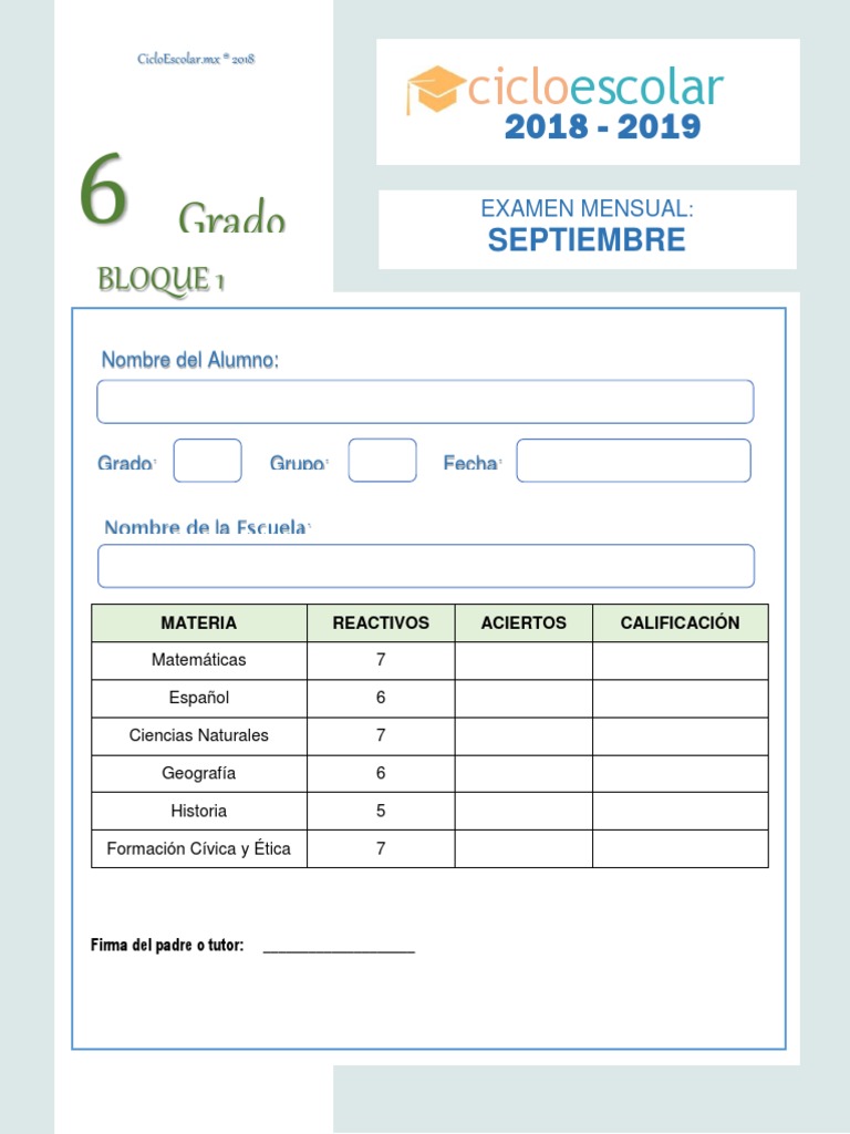Examen 6to Grado Septiembre B1 2018-2019 | PDF | Homo | Homo Sapiens