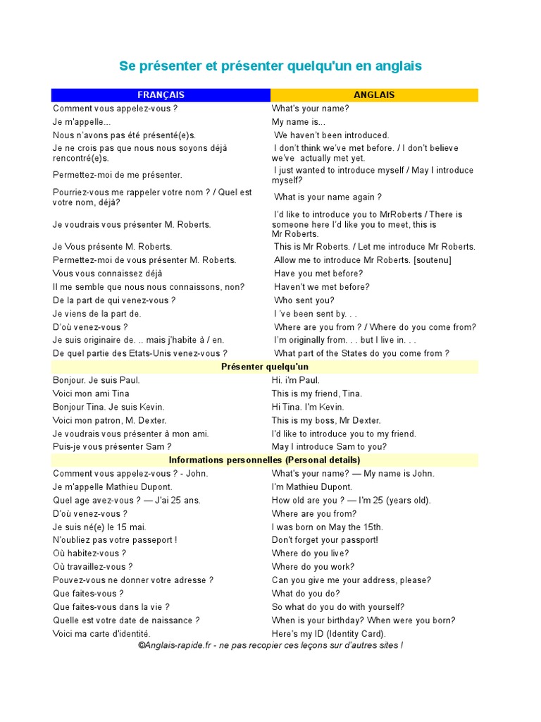 Se Presenter En Anglais