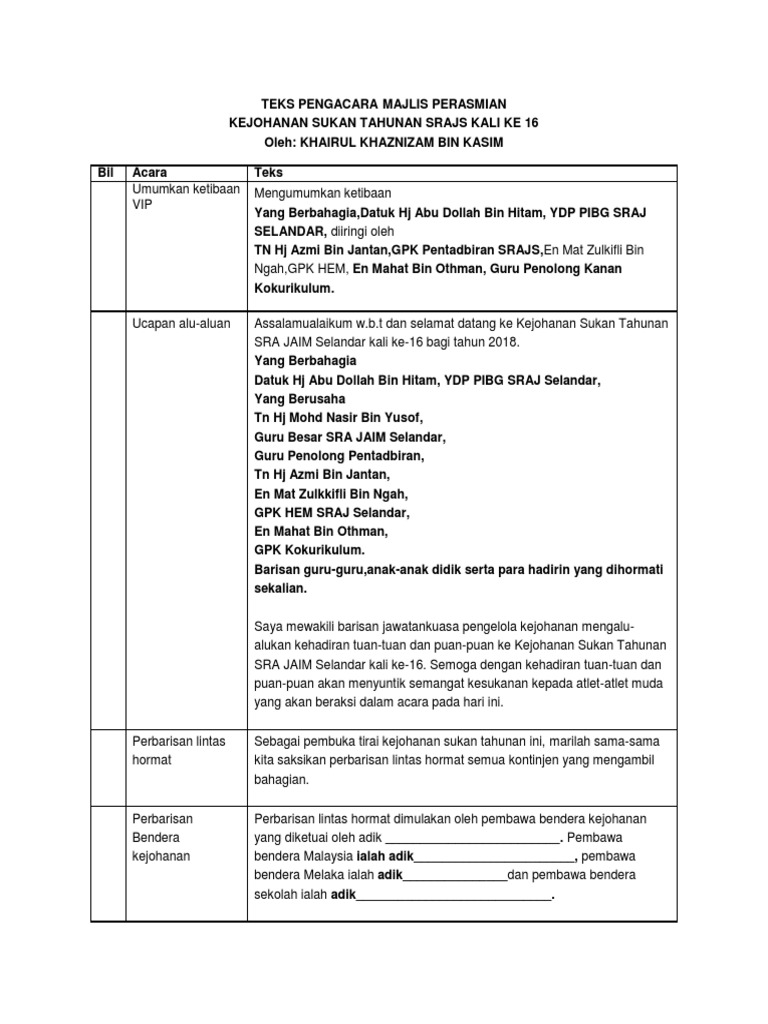 Teks Pengacara Majlis Perasmian Sukan 2018 Pdf