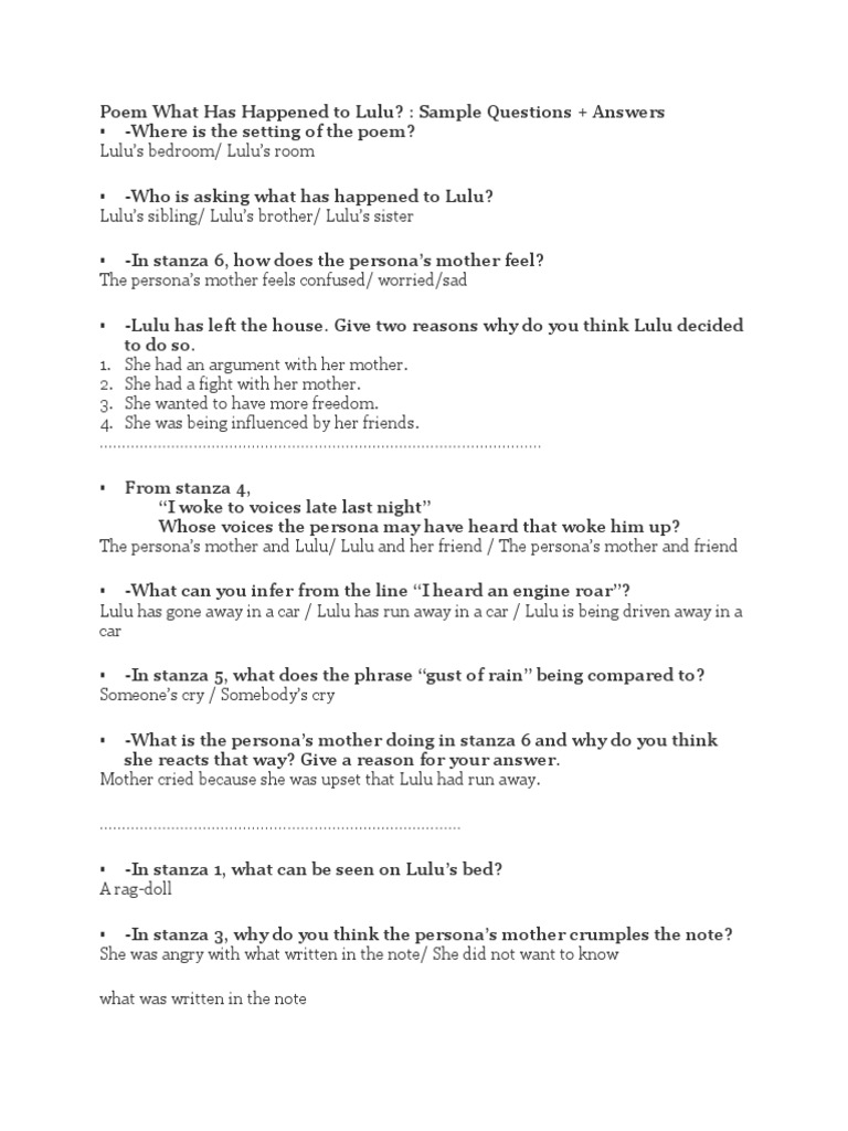 Poem What Has Happened To Lulu Answer Pdf Adolescence