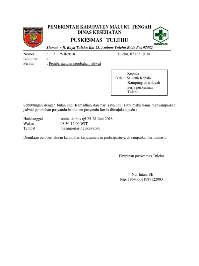 Surat Pemberitahuan Perubahan Jadwal Posyandu