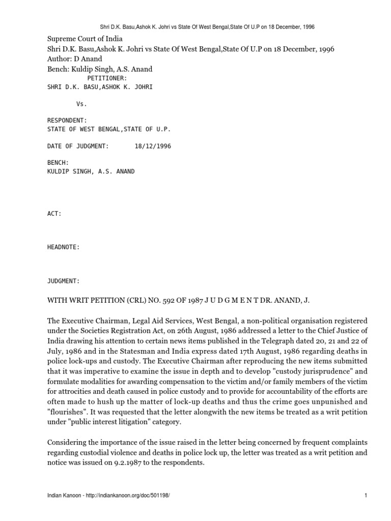 D.K. Basu vs. State of West Bengal Judgment | PDF | Arrest | Torture