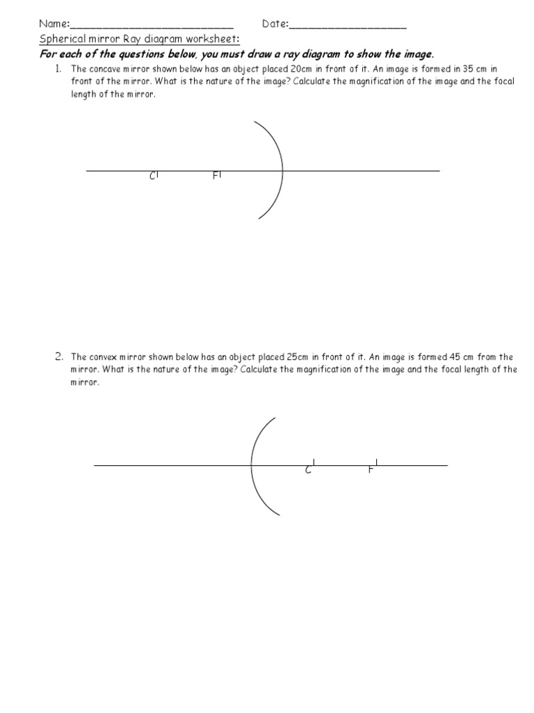 Spherical Mirror Ray Diagram Worksheet | PDF | Glass Applications