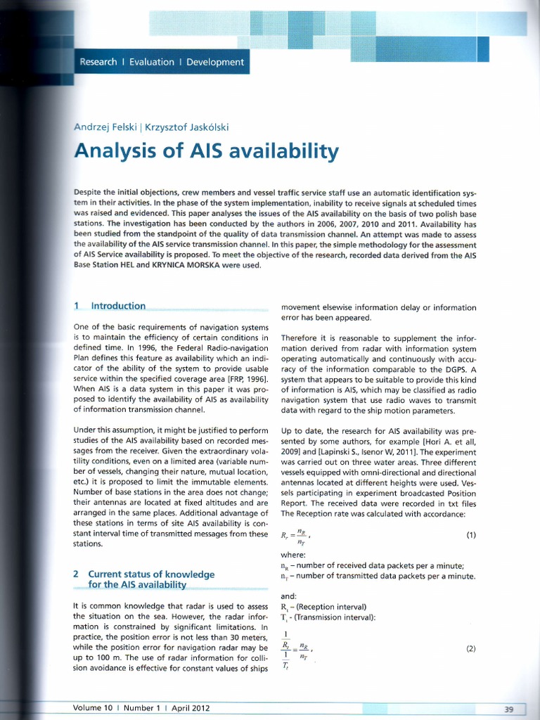 Analysis of AIS Availability: Andrzej Felski I Krzysztof Jaskolski ...
