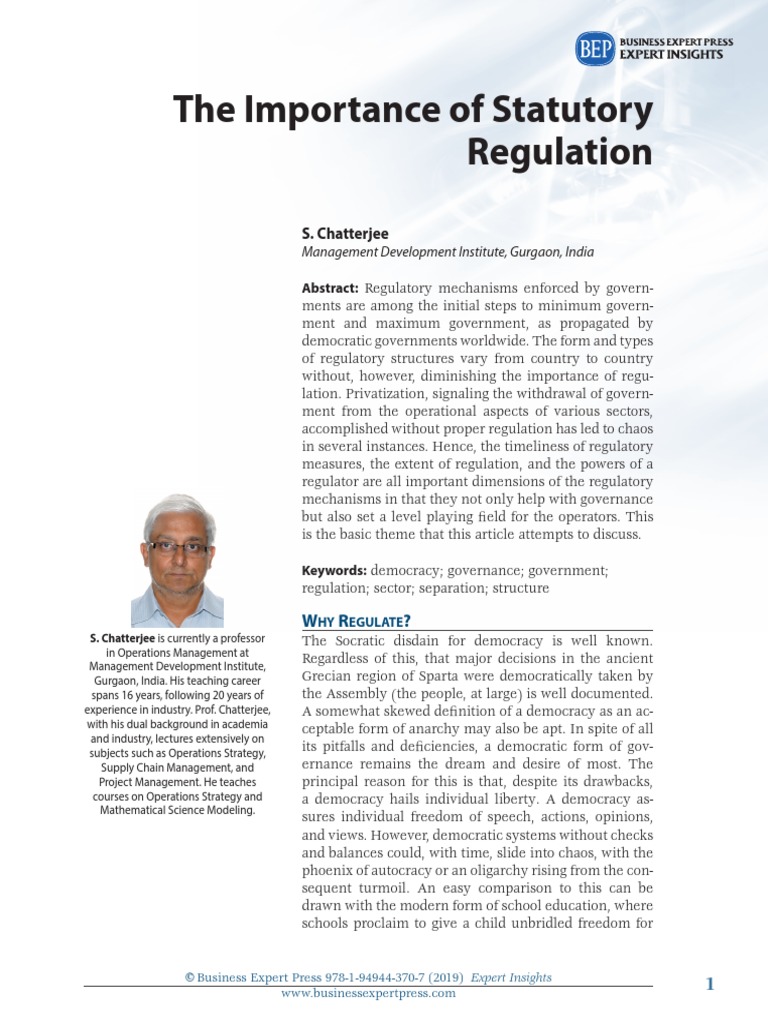 The Importance of Statutory Regulation S. Chatterjee PDF