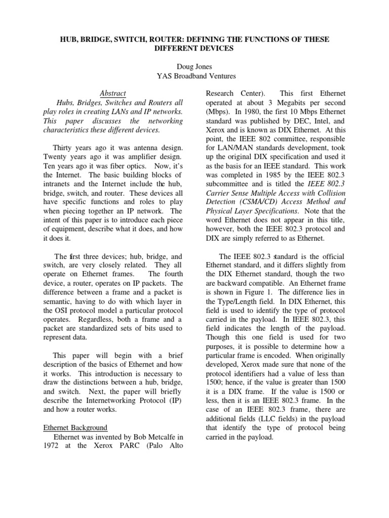 2001 Hub Bridge Switch Router Defining The Functions of These Different