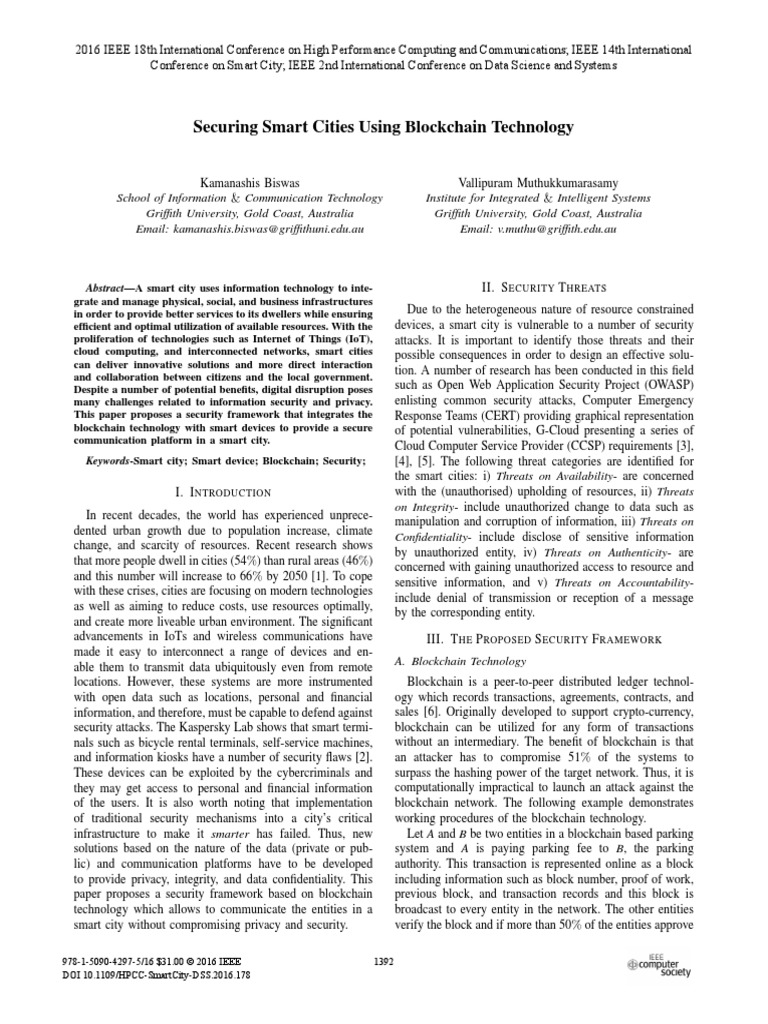 Securing Smart Cities Using Blockchain Technology | PDF | Computer ...