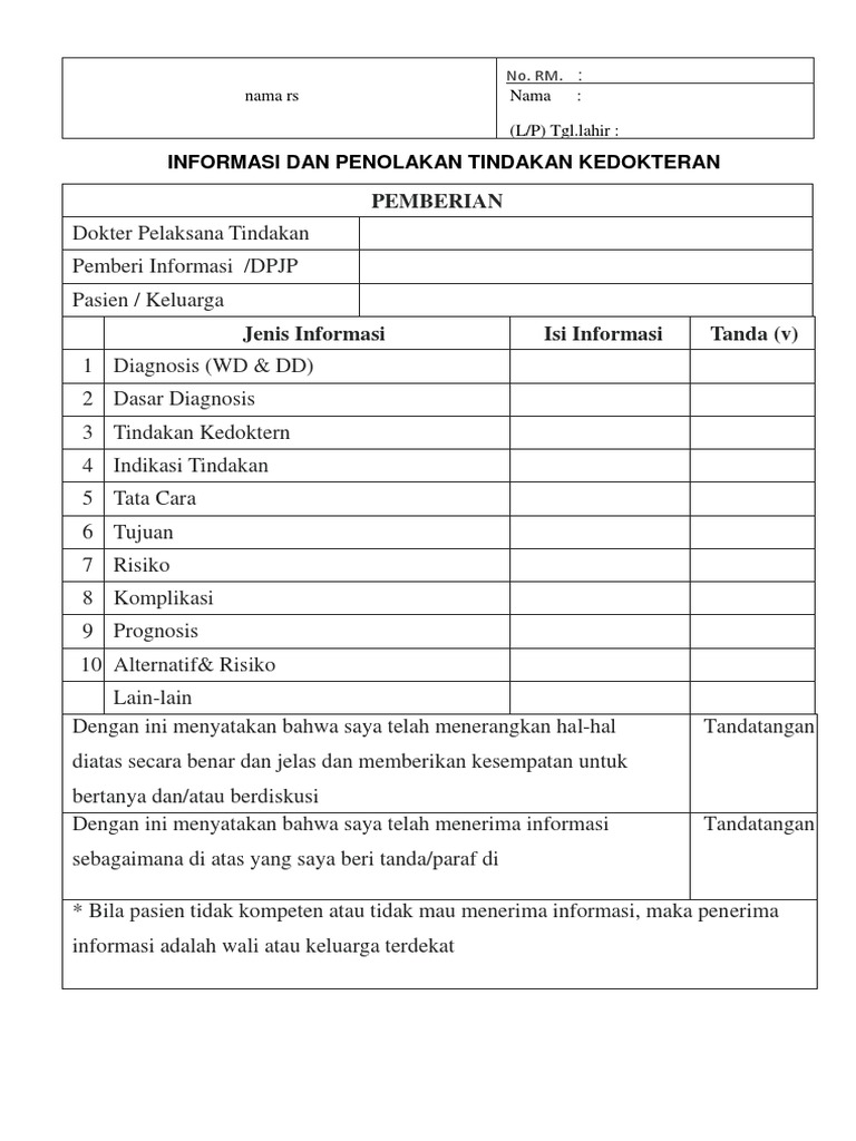 Contoh Form Persetujuan Tindakan Medis Contoh Form Persetujuan Tindakan Medis