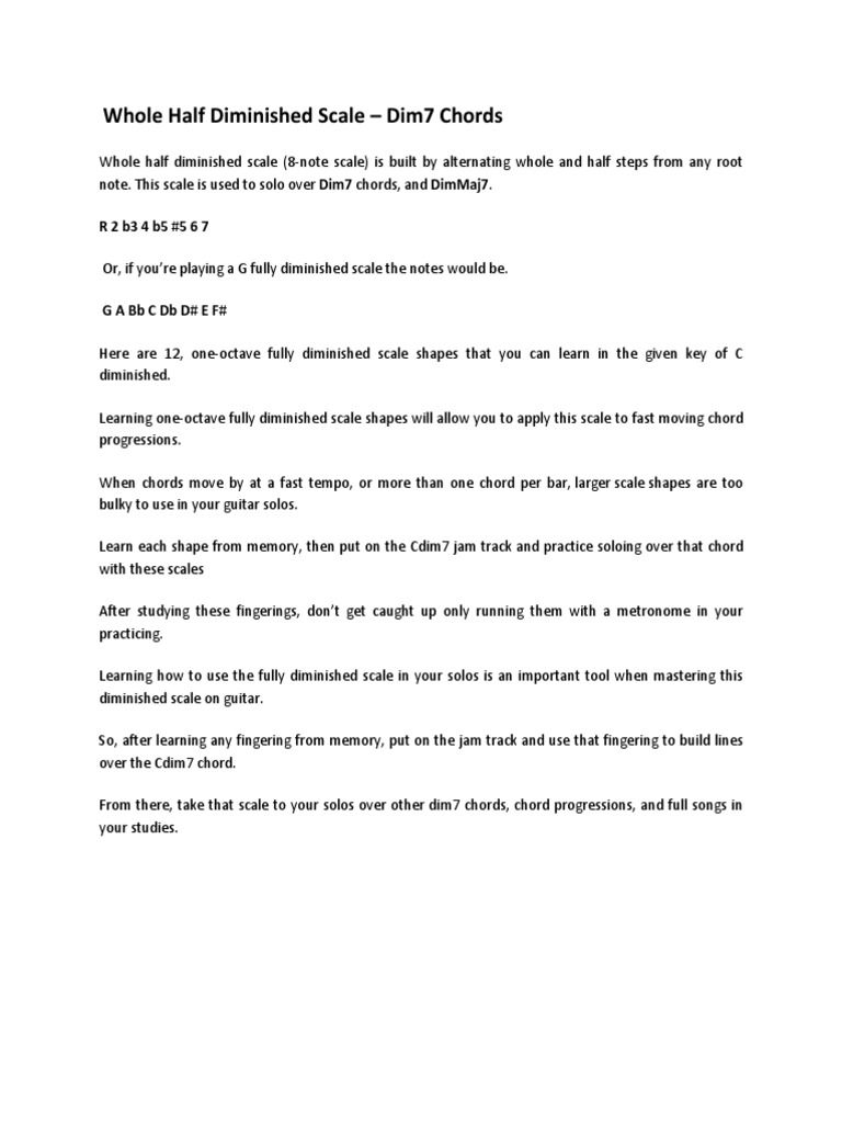 Whole Half Diminished Scale Dim7 Chords Music Theory Elements Of Music