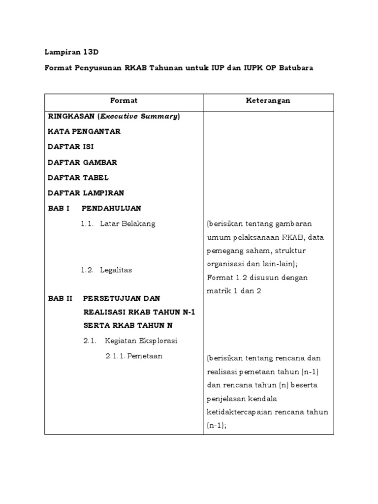 Lampiran 13D - Format Penyusunan RKAB Tahunan IUP OP Batubara | PDF