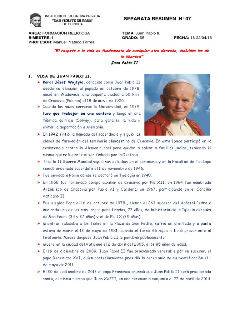 Vida y Legado de Juan Pablo II | PDF | Papa juan pablo ii | Iglesia ...