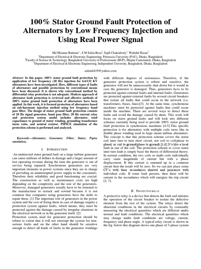100 Stator Ground Fault Protection of Alternators by Low Frequency