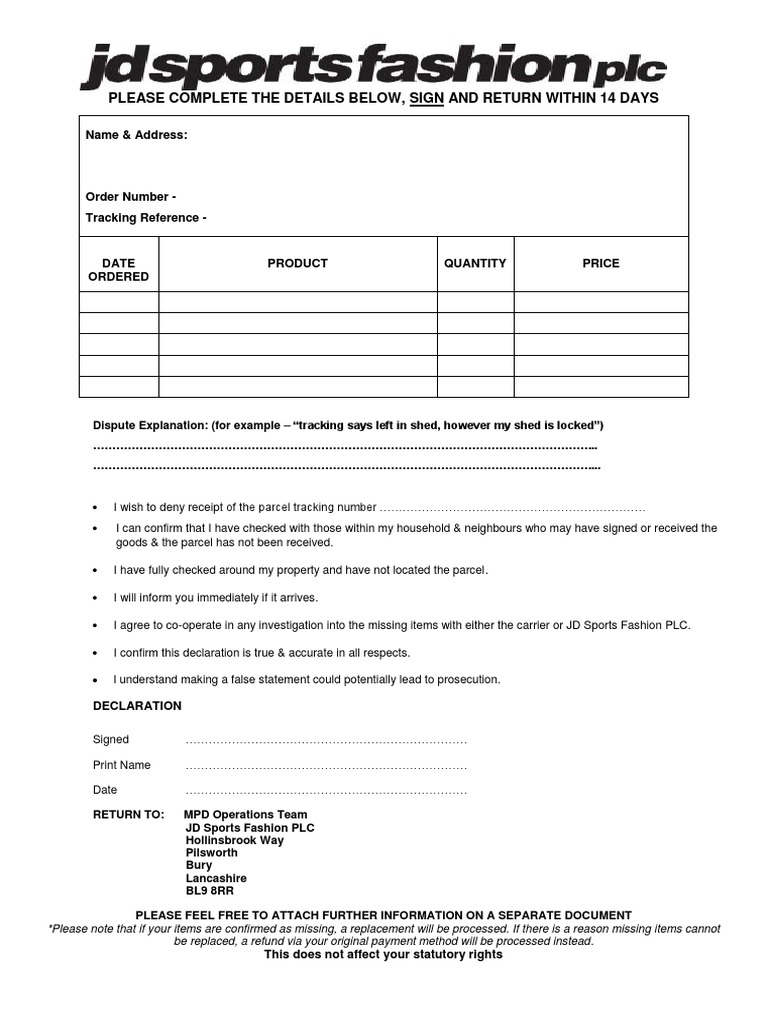 JD Sports Missing Parcel Declaration Form | PDF
