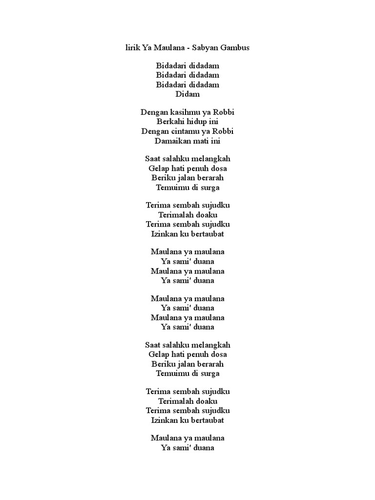 Lirik Ya Maulana Dari Sabyan Pdf
