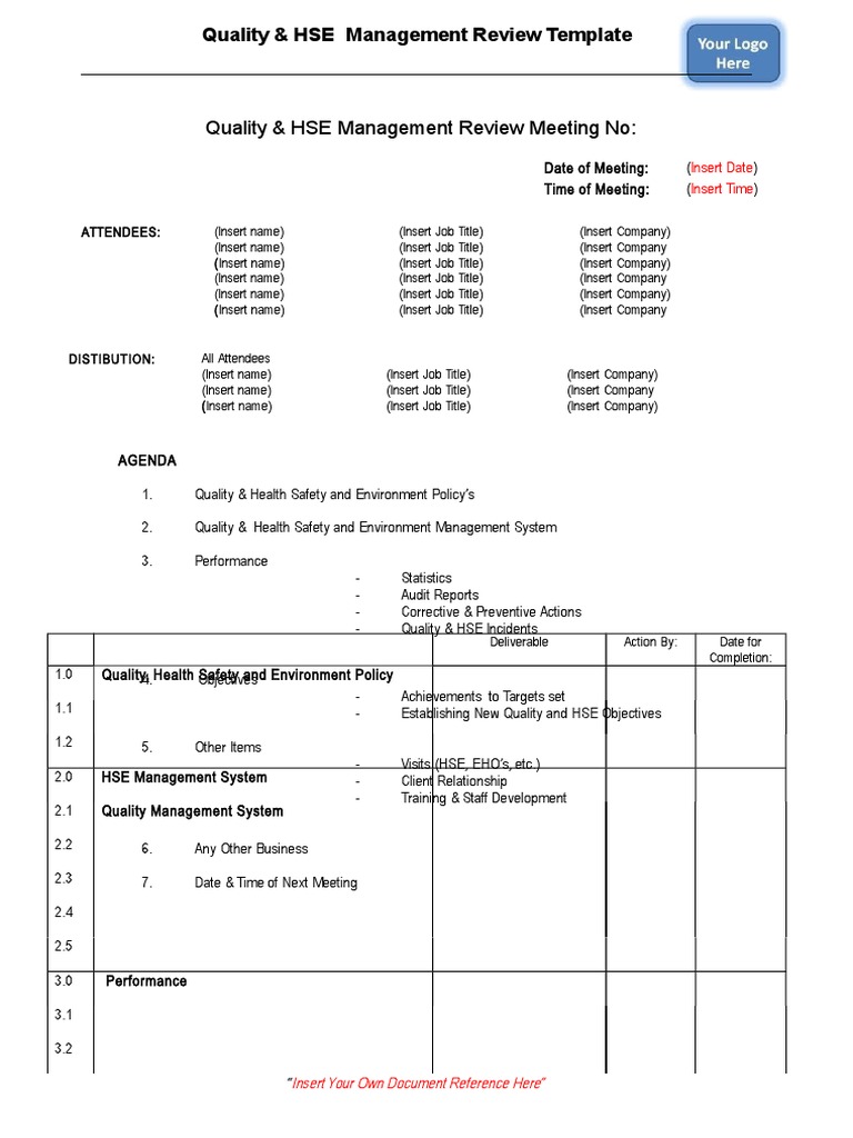 Quality & HSE Management Review Template | PDF | Business