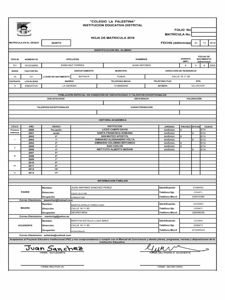 Ejemplo Hoja de Matricula 2019 Diligenciada