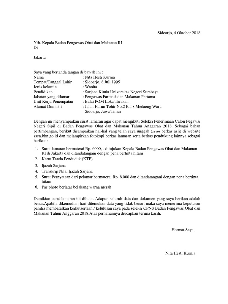 Surat Lamaran Bpom