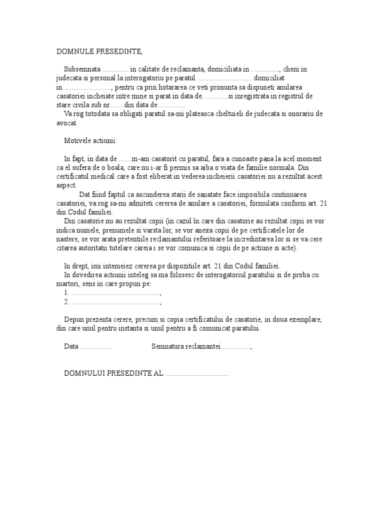 Cerere De Anulare Casatorie