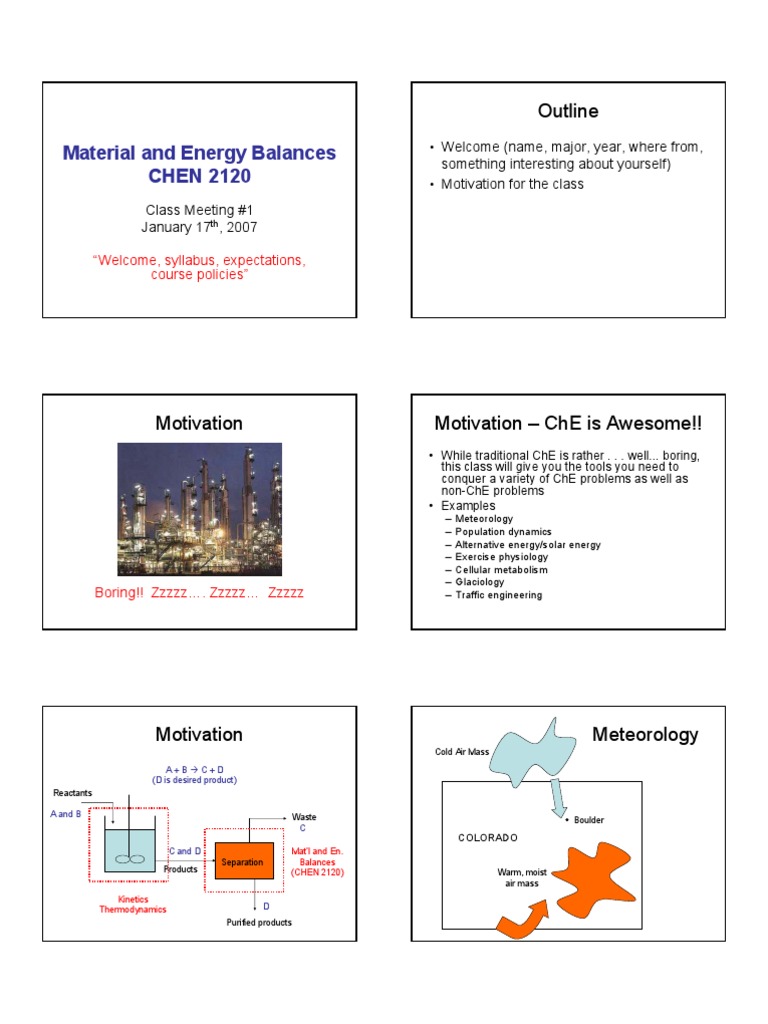 Material and Energy Balances CHEN 2120 Outline PDF Heat Nature