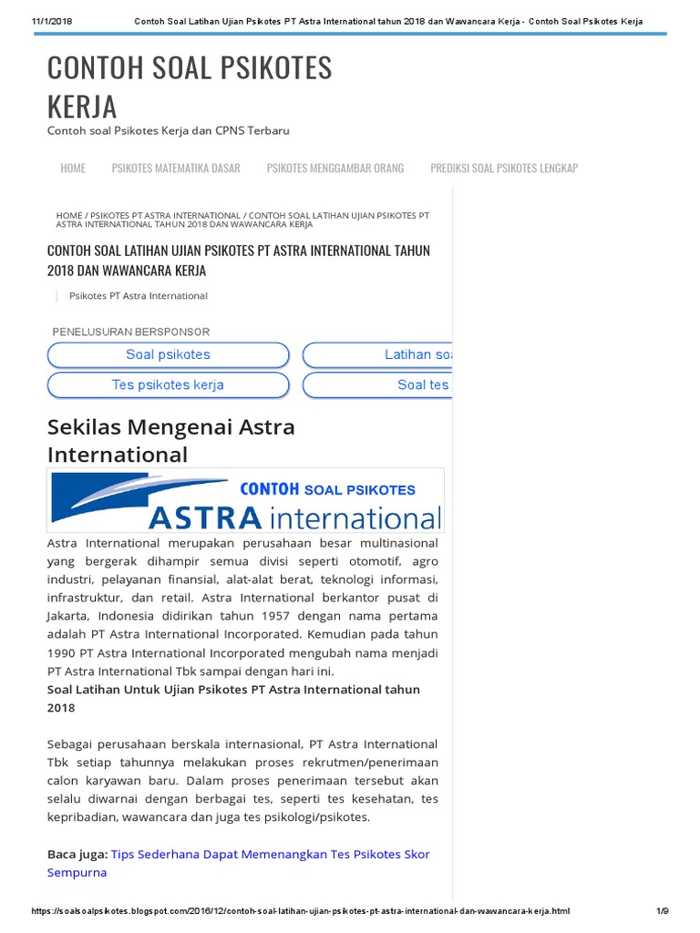 Contoh Soal Latihan Ujian Psikotes PT Astra International ...