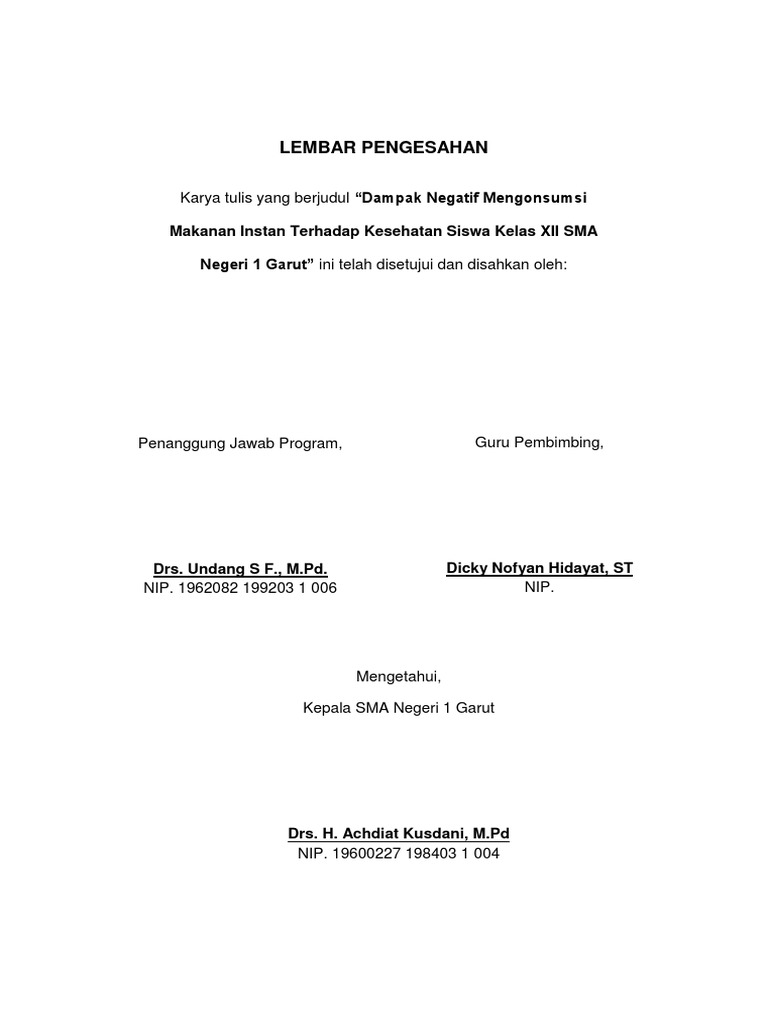 Lembar Pengesahan Dalam Karya Tulis